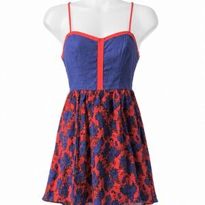 Cope Floral Fit & Flare Linen Blend Mini Dress XS Red Blue Open Back